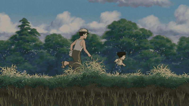 Seita and Setsuko running happily by the farm fields